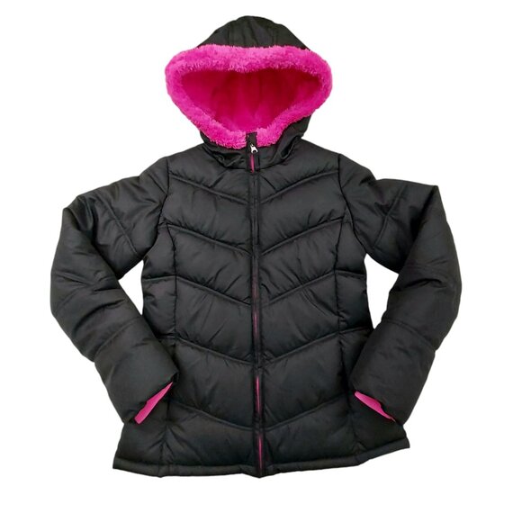 Faded Glory Hooded Puffer Jacket Youth XL 14/16 Black Pink Full Zip Fleece Warm - Picture 2 of 11